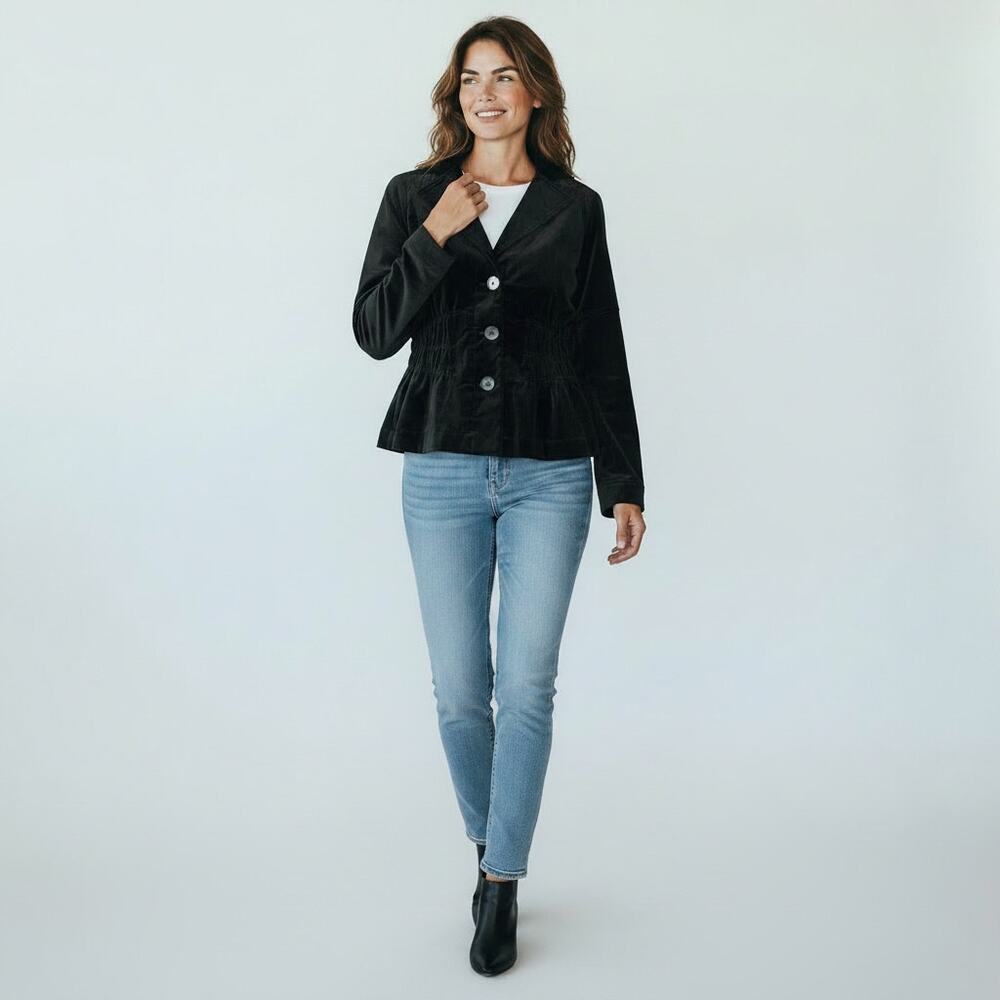 Black Velvet Blazer Smocked Waist Yoke Button Front JOAN RIVERS XXS Glam Goth